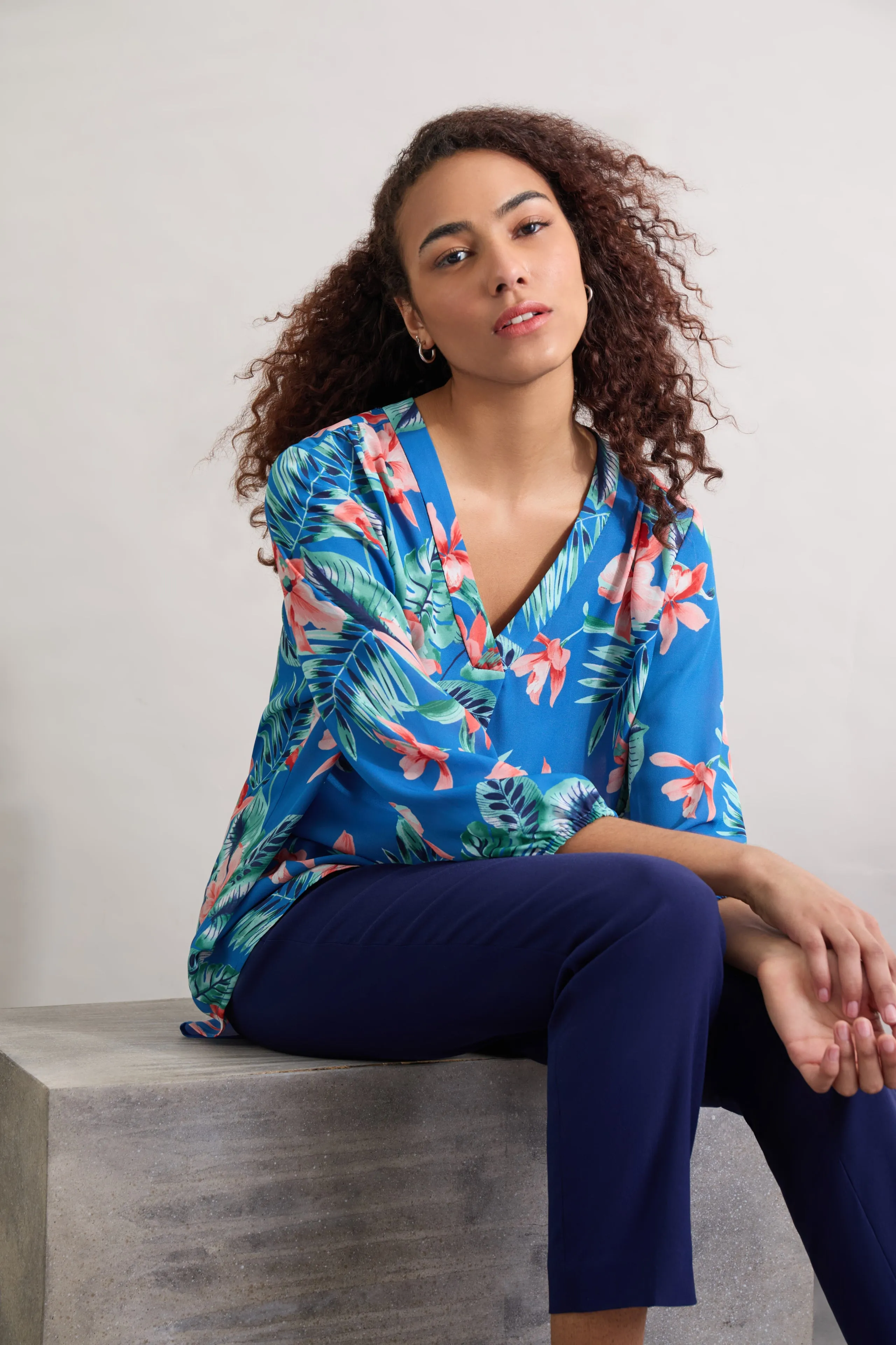 Printed V-Neck Kelly Blouse, Crepe de Chine