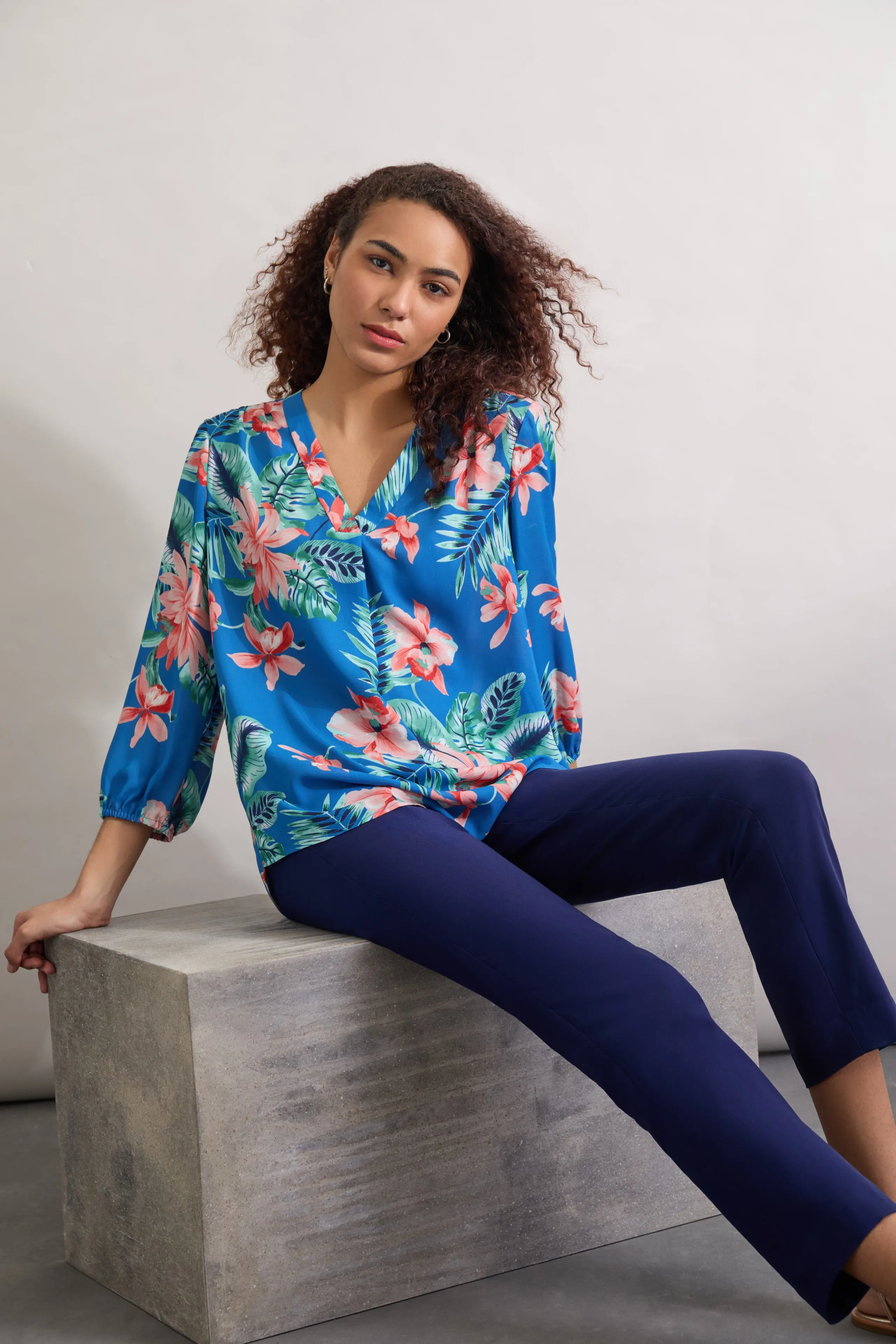 Printed V-Neck Kelly Blouse, Crepe de Chine