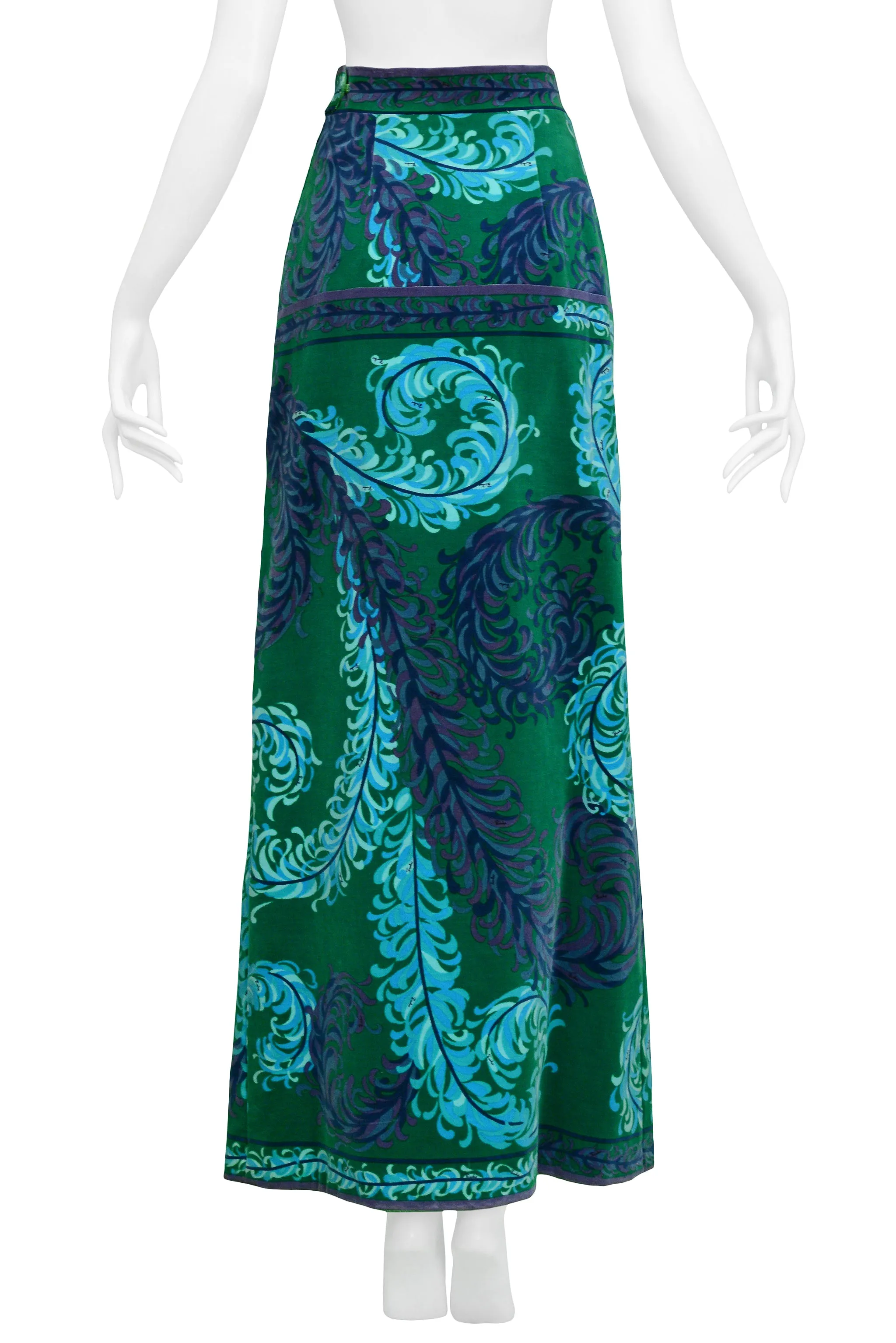 PUCCI GREEN & BLUE VELVET HOSTESS SKIRT WITH FEATHER PRINT