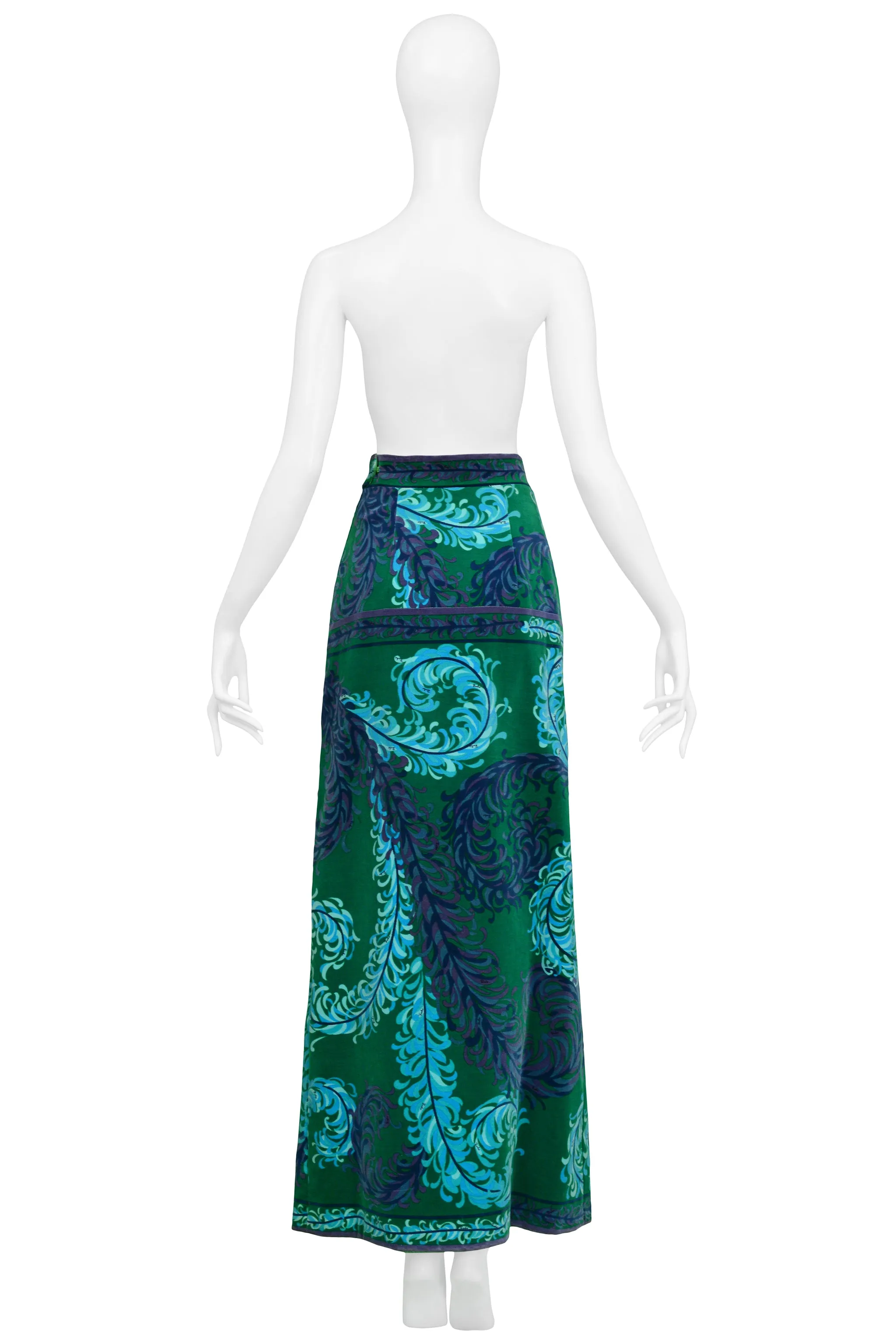 PUCCI GREEN & BLUE VELVET HOSTESS SKIRT WITH FEATHER PRINT