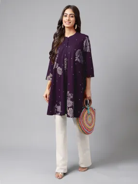 Purple Pure Cotton Floral Printed Flared Tunic