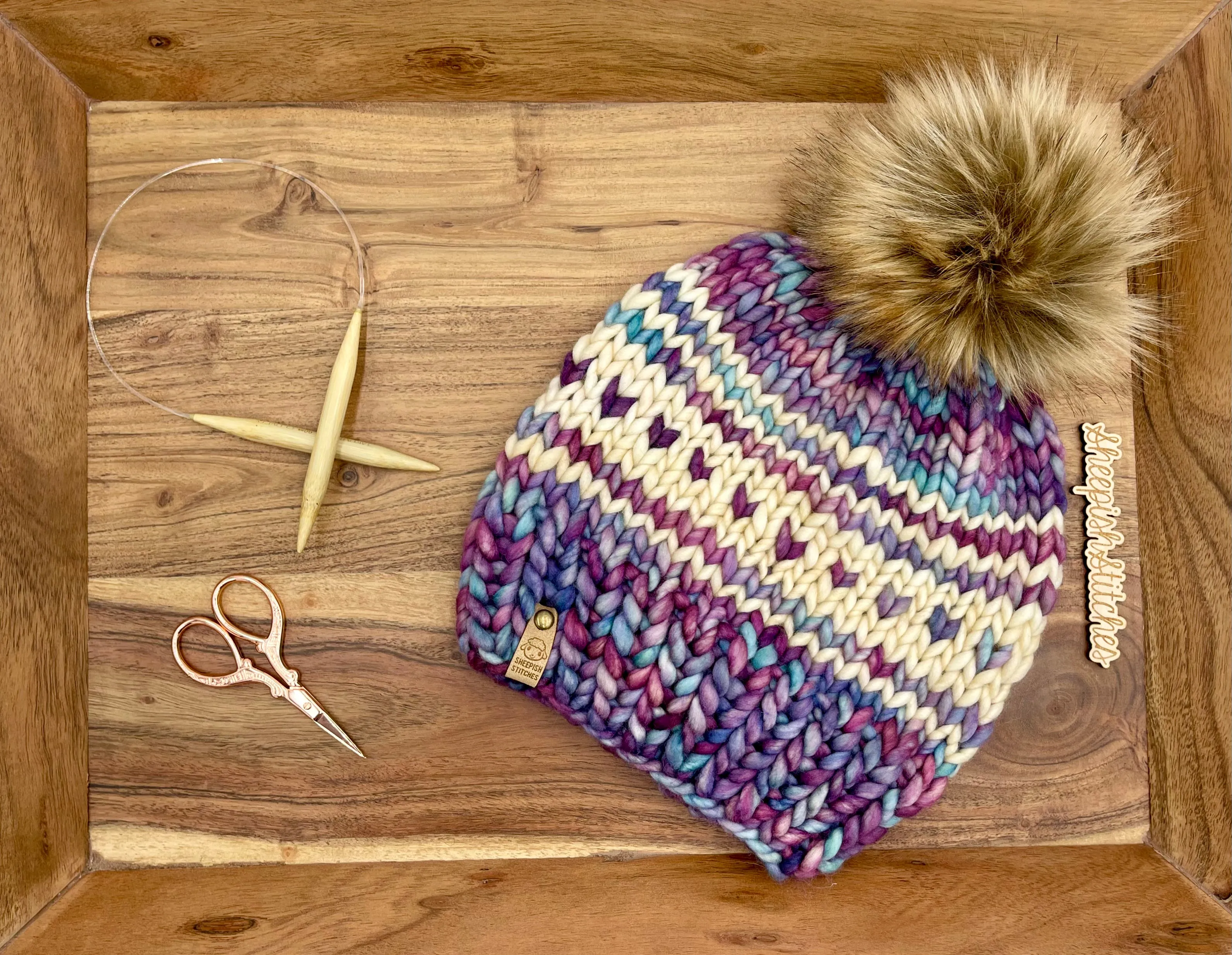 Purple/Blue Mix with Ivory- Merino Wool Knit Hat with Faux Fur Pom Pom, Hand Knit Luxury Beanie, Ethically Sourced Merino Wool Toque