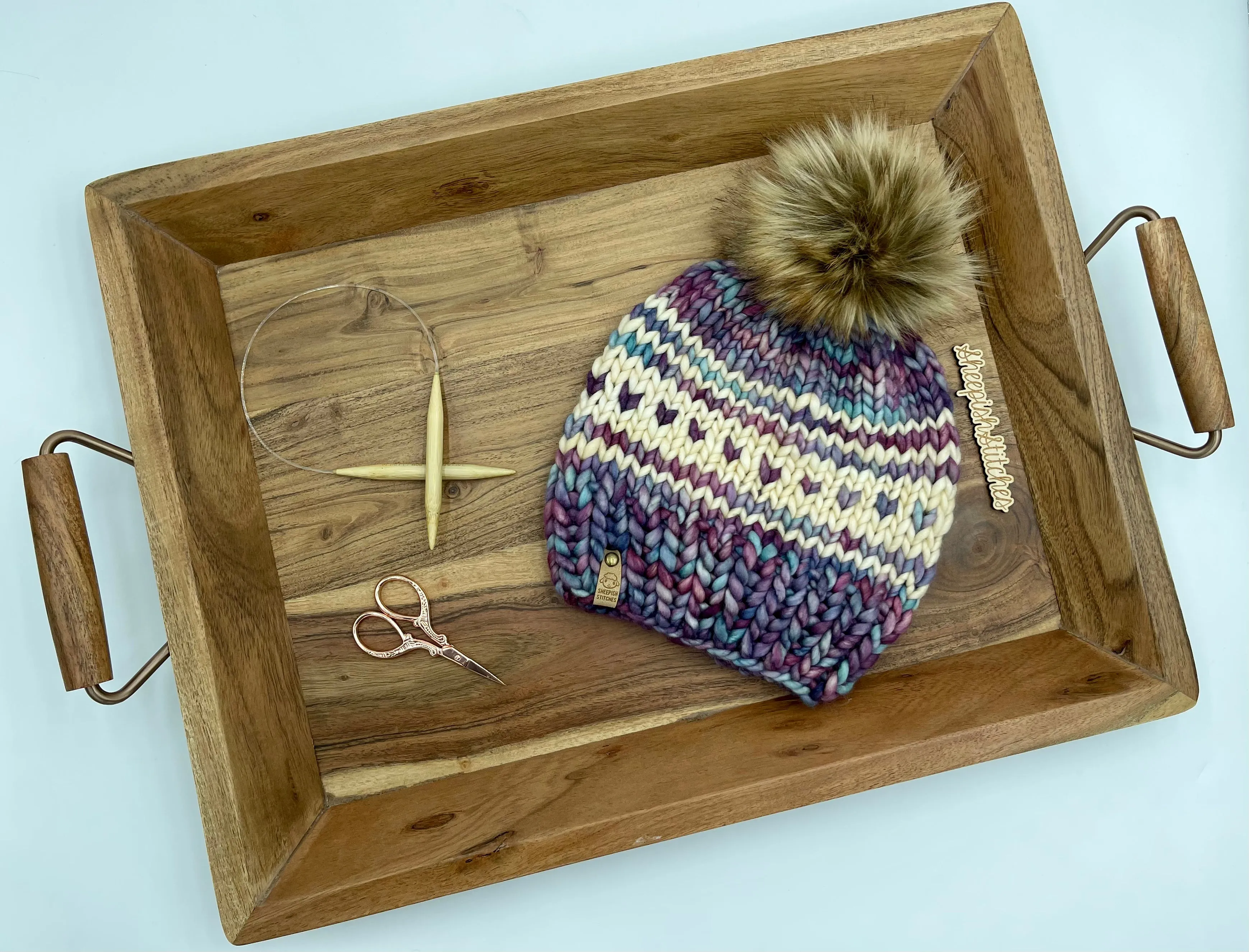 Purple/Blue Mix with Ivory- Merino Wool Knit Hat with Faux Fur Pom Pom, Hand Knit Luxury Beanie, Ethically Sourced Merino Wool Toque