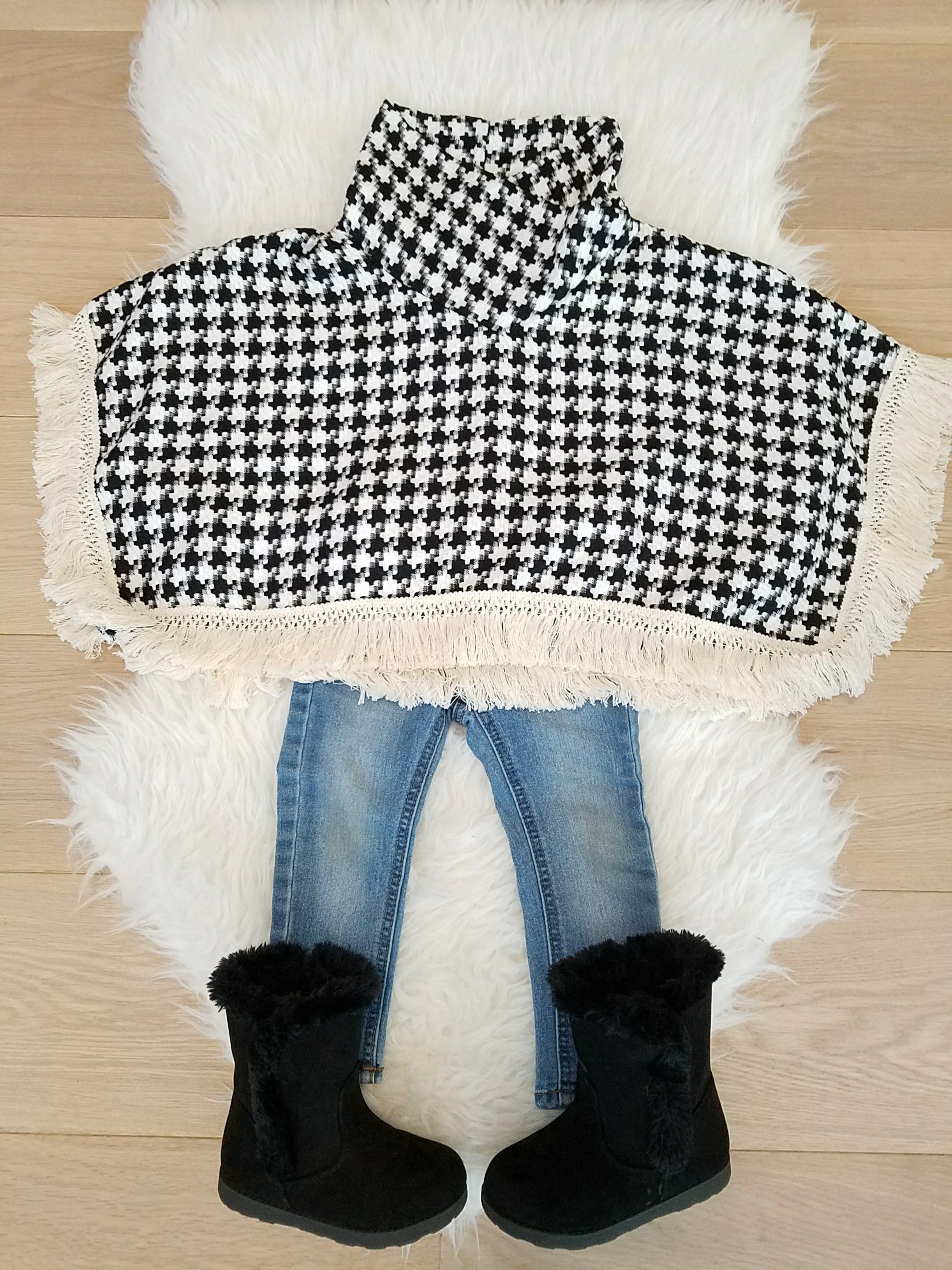 "Anaya" Black and White Checked Girls Poncho