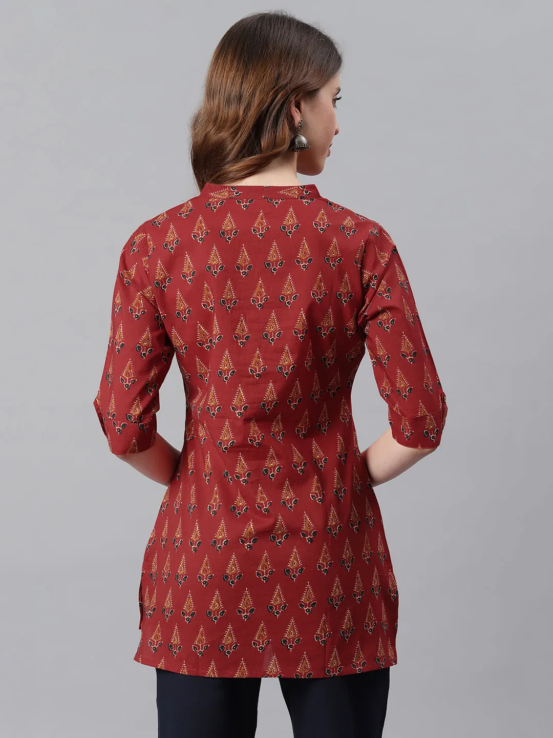 Red Cotton Ethnic Motifs Straight Tunic