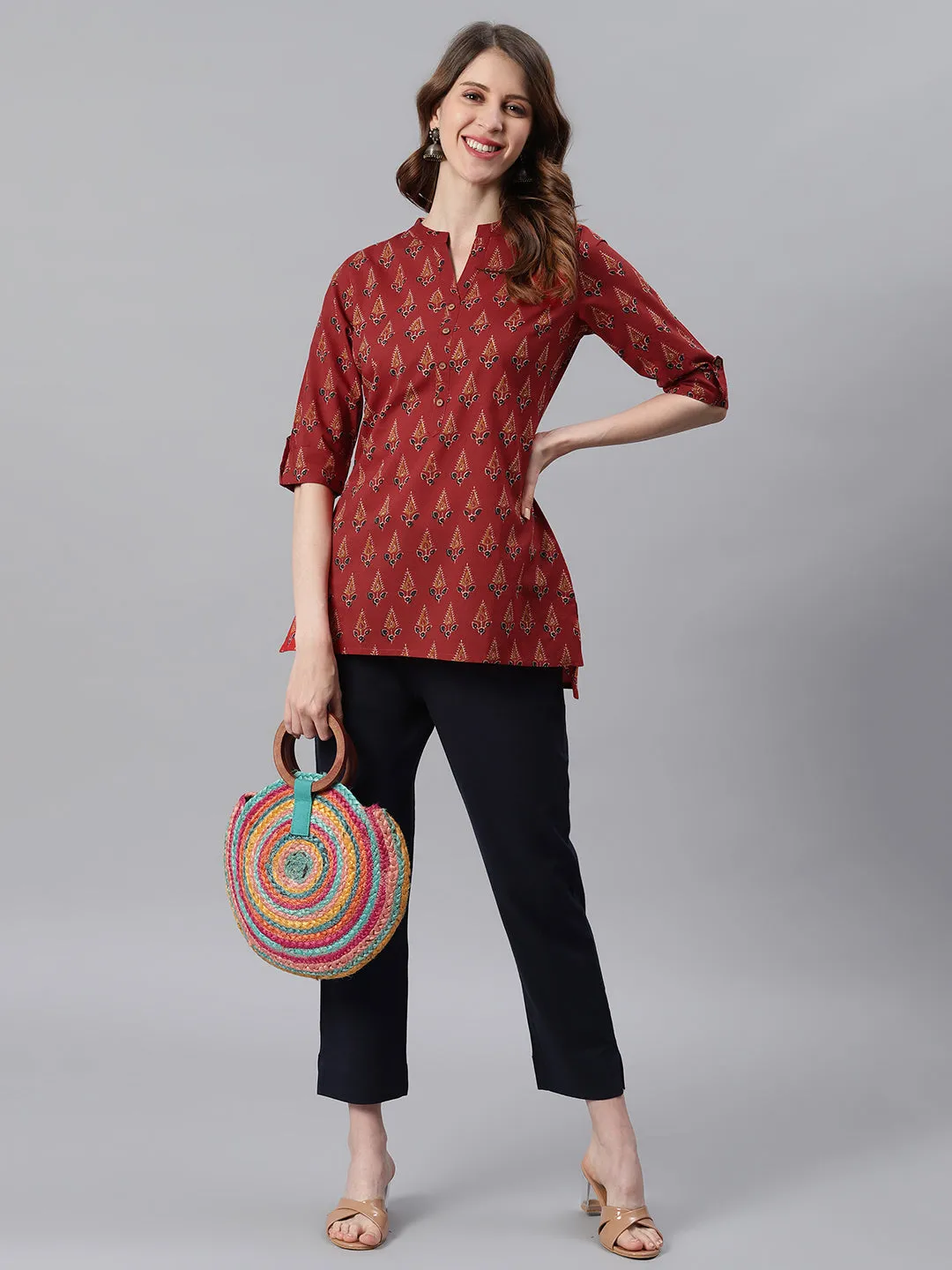 Red Cotton Ethnic Motifs Straight Tunic