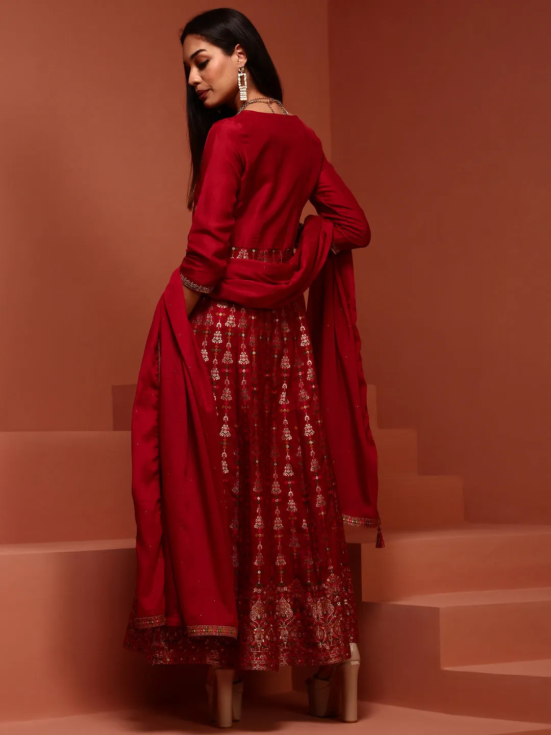 Red Kalidar Brocade Kurta Set