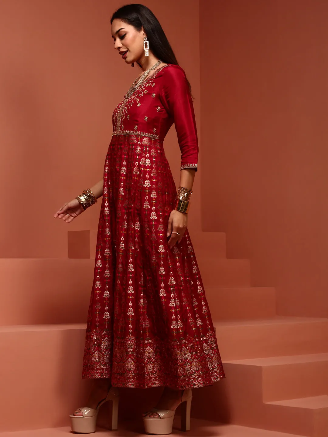 Red Kalidar Brocade Kurta Set