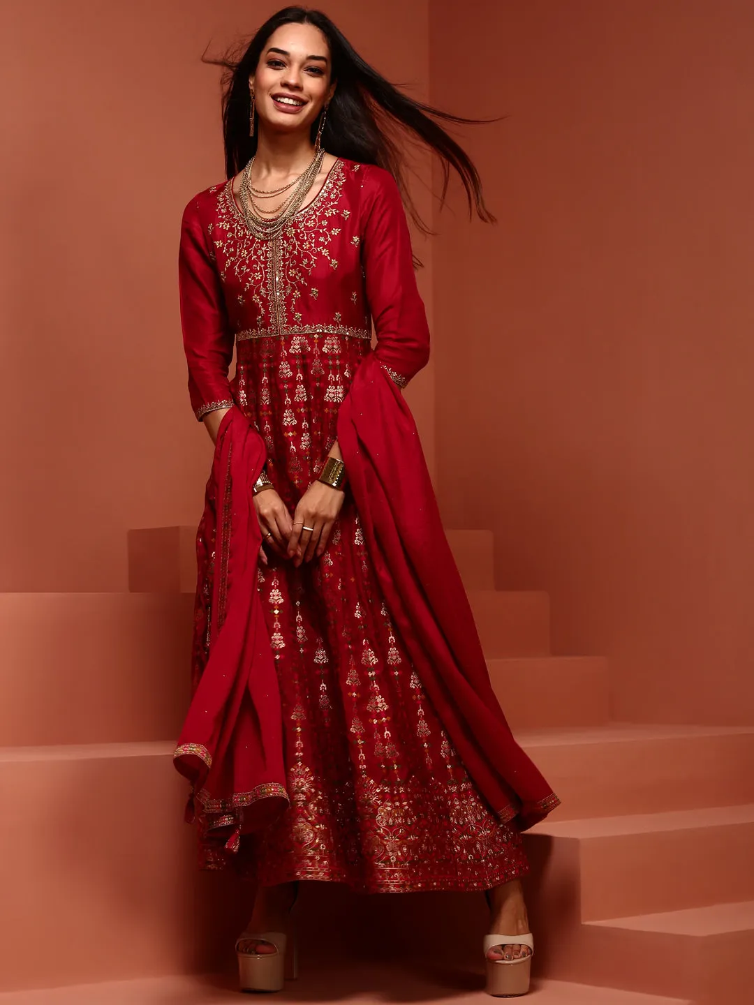 Red Kalidar Brocade Kurta Set