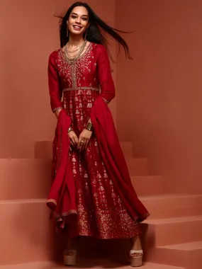 Red Kalidar Brocade Kurta Set