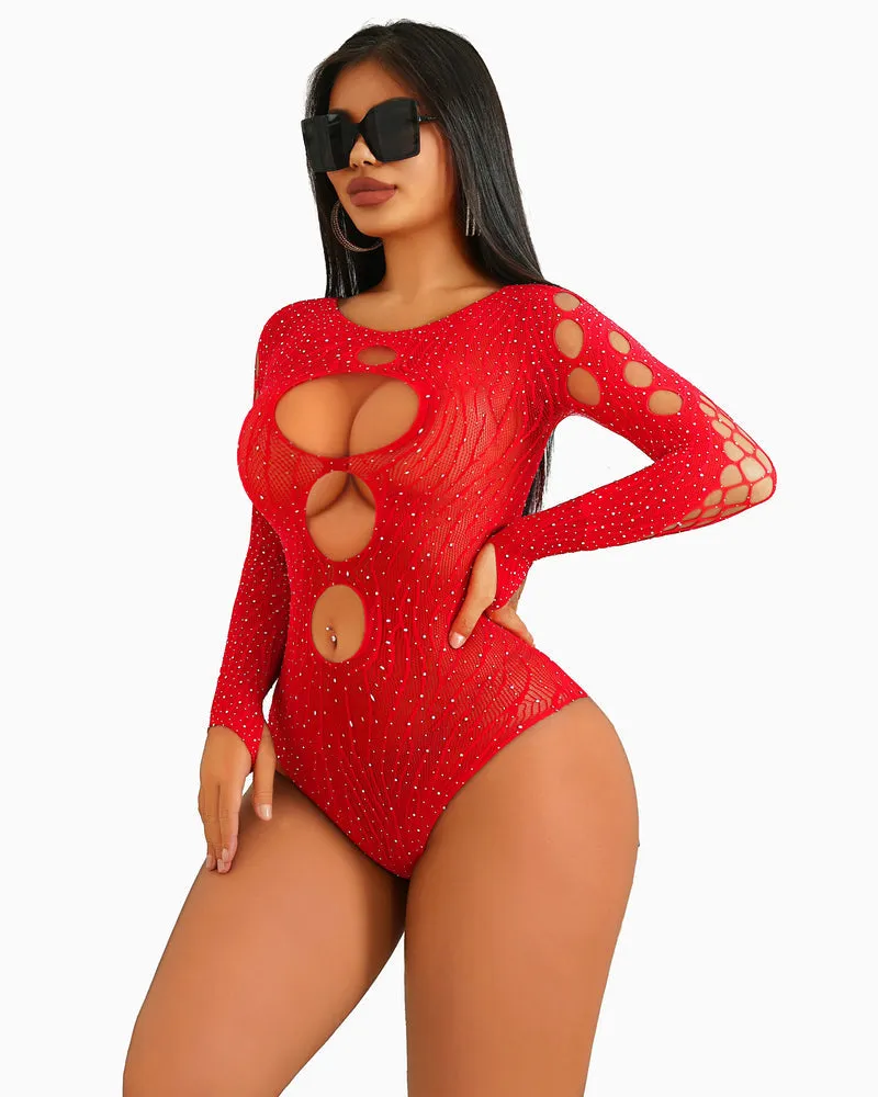 Rhinestone Fishnet Bodysuits Mesh Top