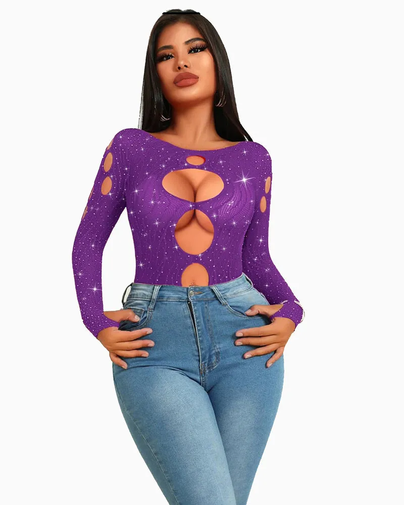 Rhinestone Fishnet Bodysuits Mesh Top