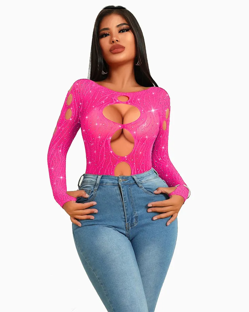 Rhinestone Fishnet Bodysuits Mesh Top