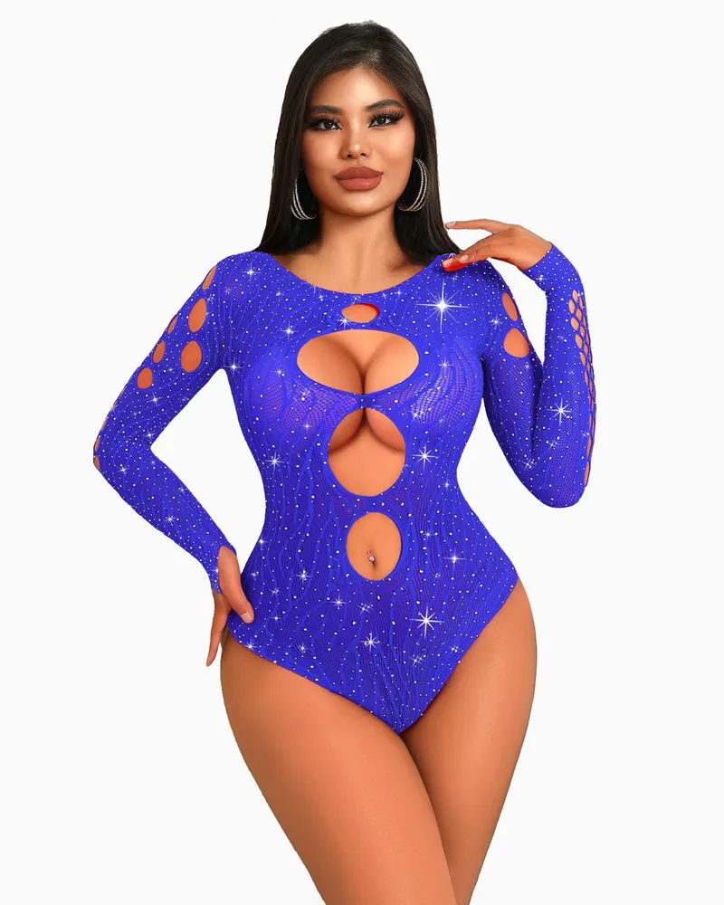 Rhinestone Fishnet Bodysuits Mesh Top