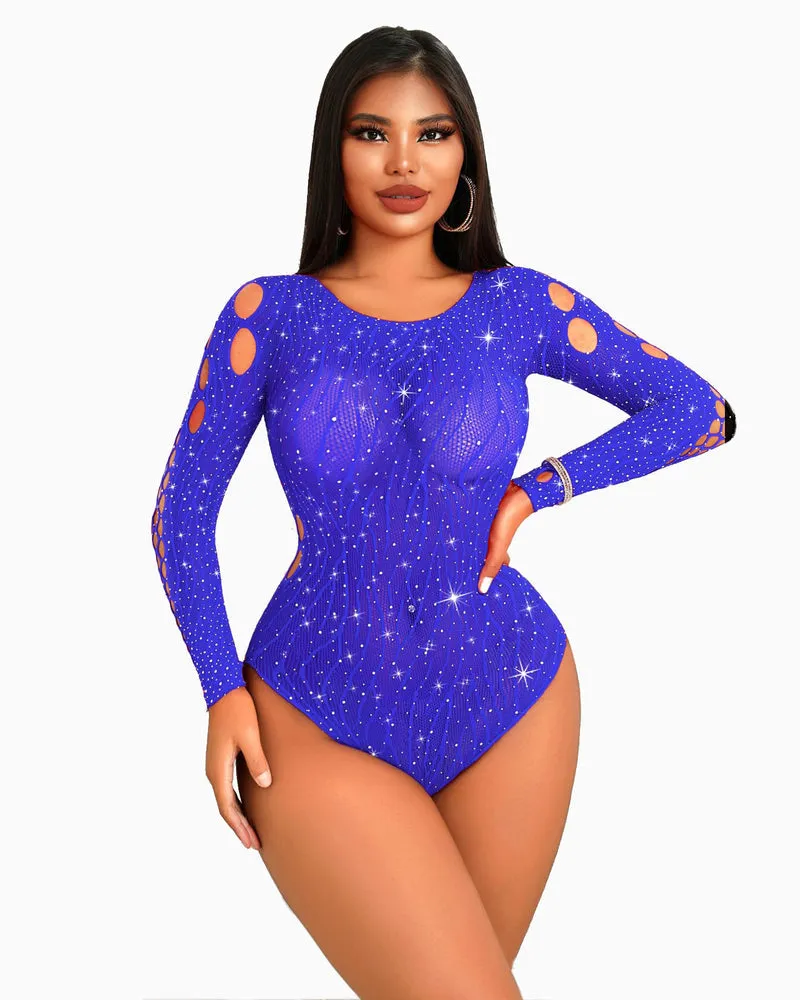 Rhinestone Fishnet Bodysuits Mesh Top