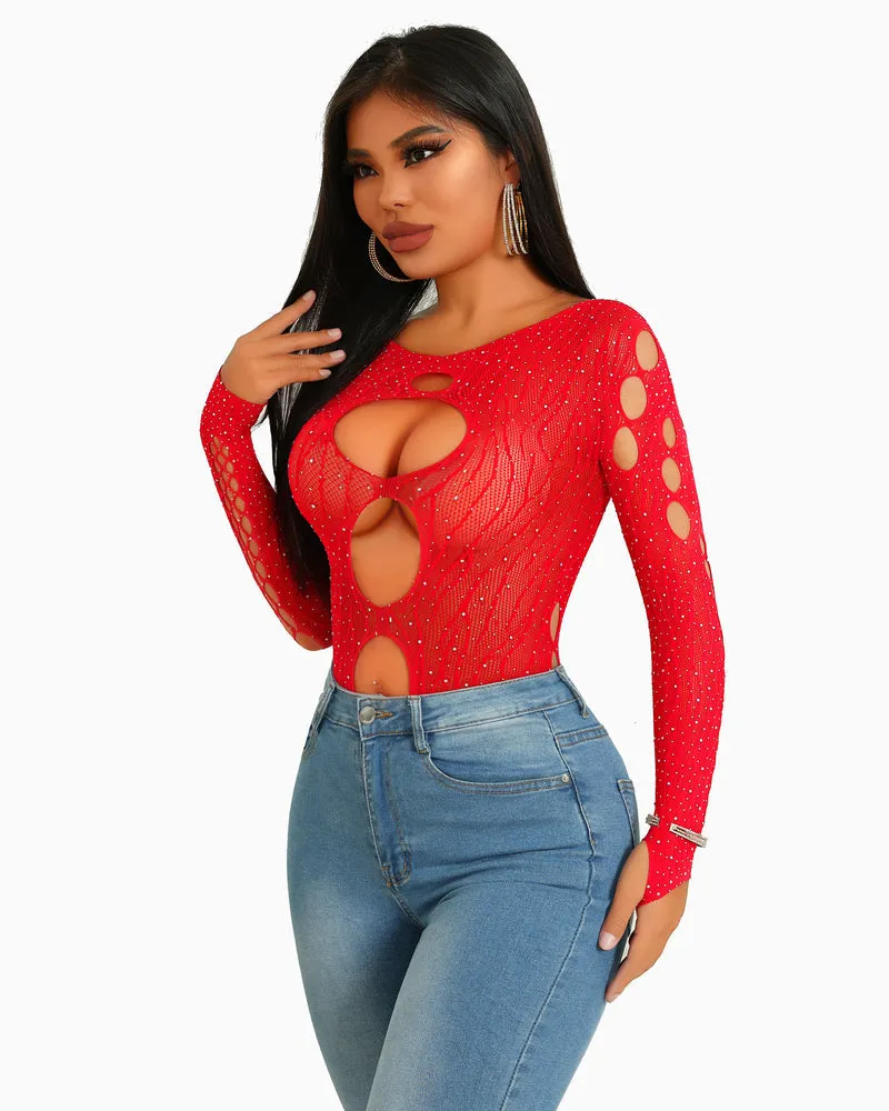 Rhinestone Fishnet Bodysuits Mesh Top