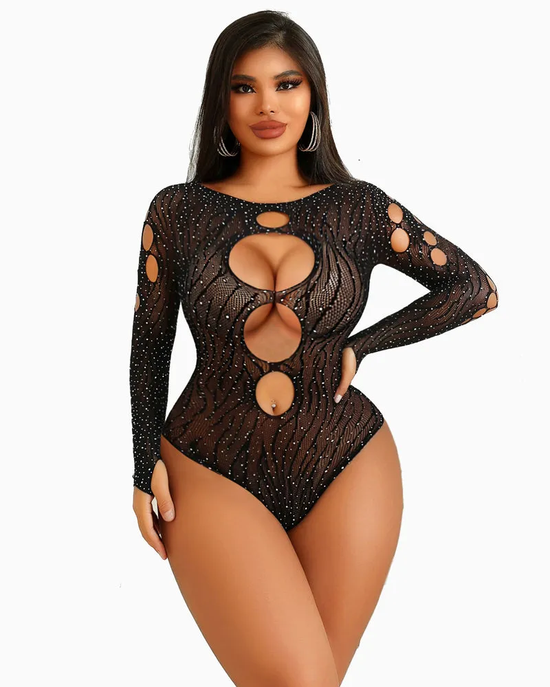 Rhinestone Fishnet Bodysuits Mesh Top