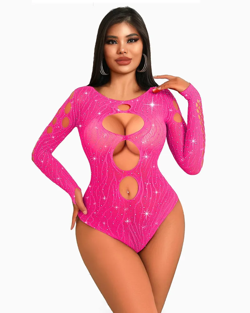 Rhinestone Fishnet Bodysuits Mesh Top