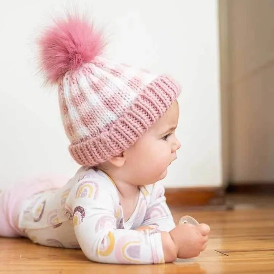 Rosy Pink Buffalo Check Knit Hat