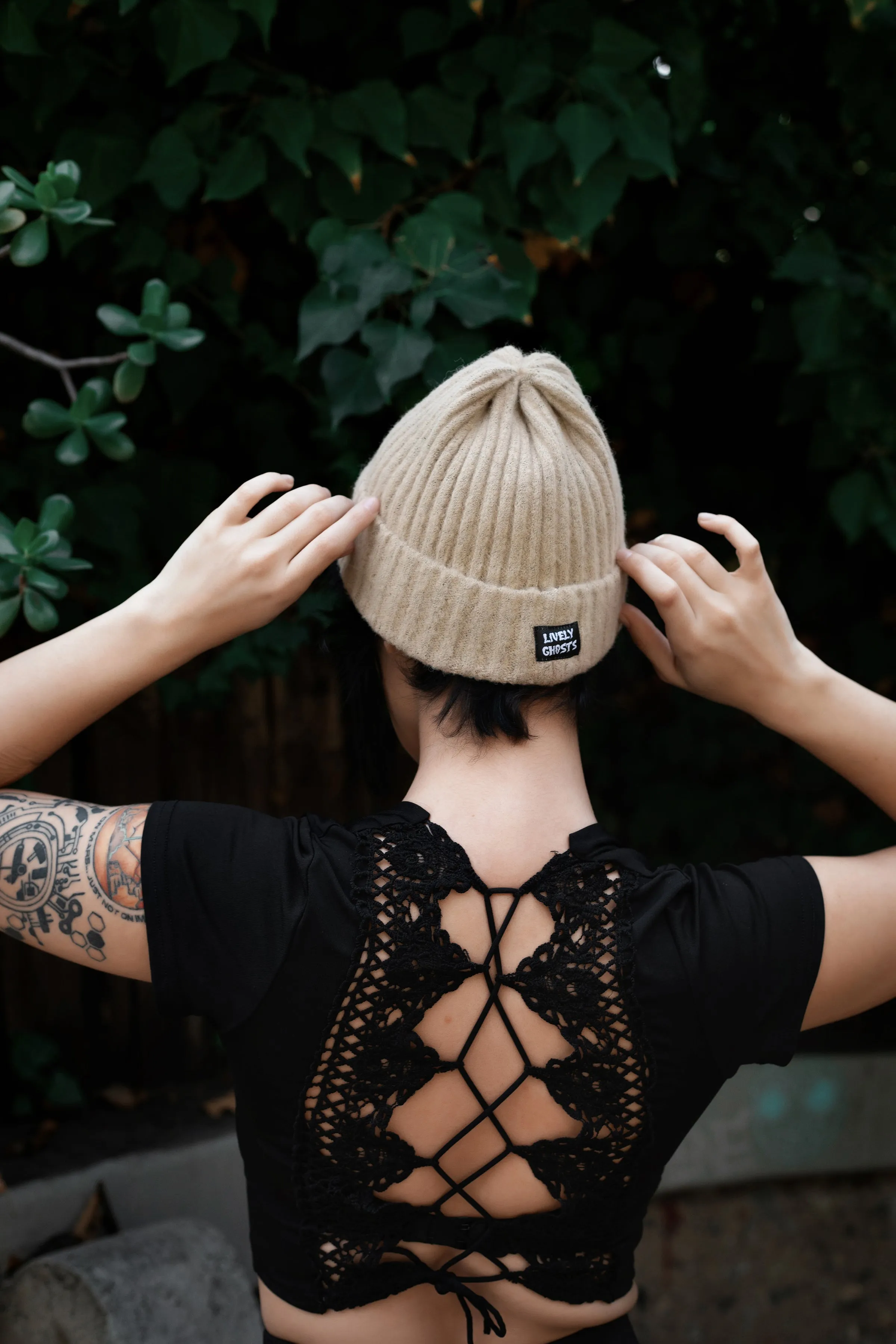 Scarecrow Beige | Ghostie Embroidered & Reversible Knit Beanie