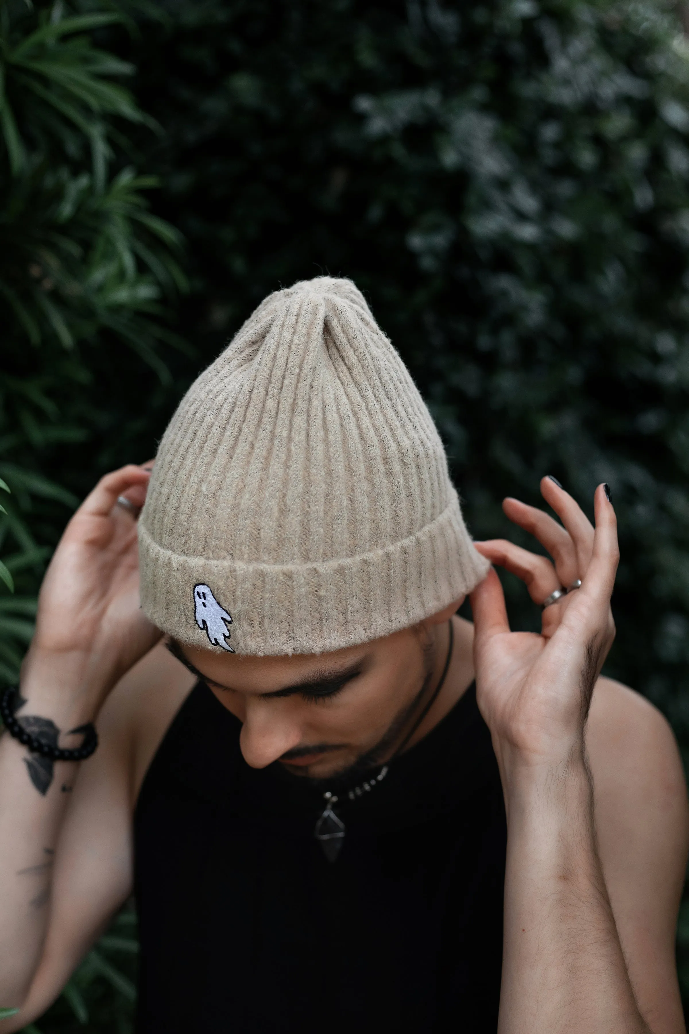 Scarecrow Beige | Ghostie Embroidered & Reversible Knit Beanie