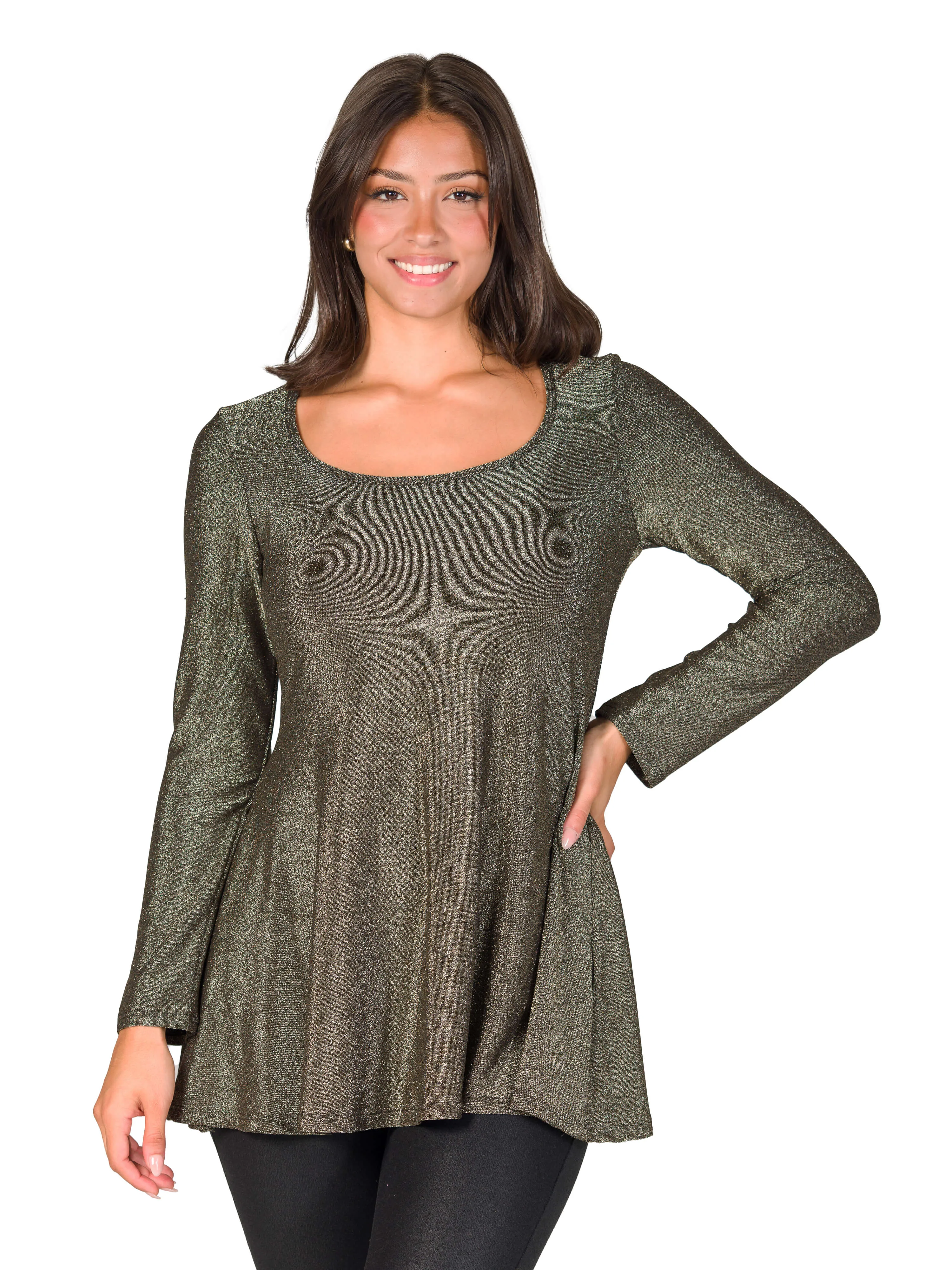 Scoop Neck Long Sleeve Shimmery Fabric Tunic Top