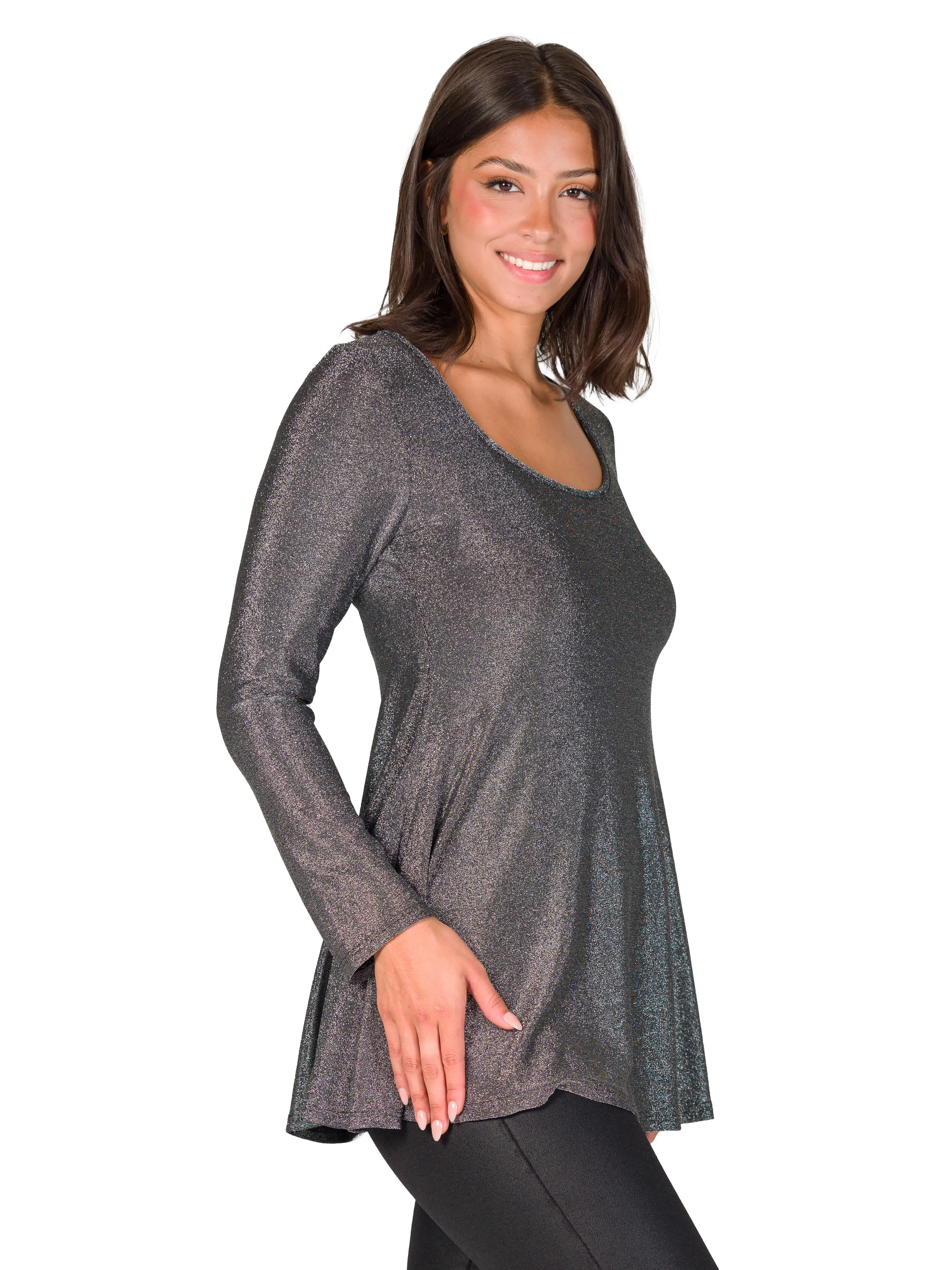 Scoop Neck Long Sleeve Shimmery Fabric Tunic Top