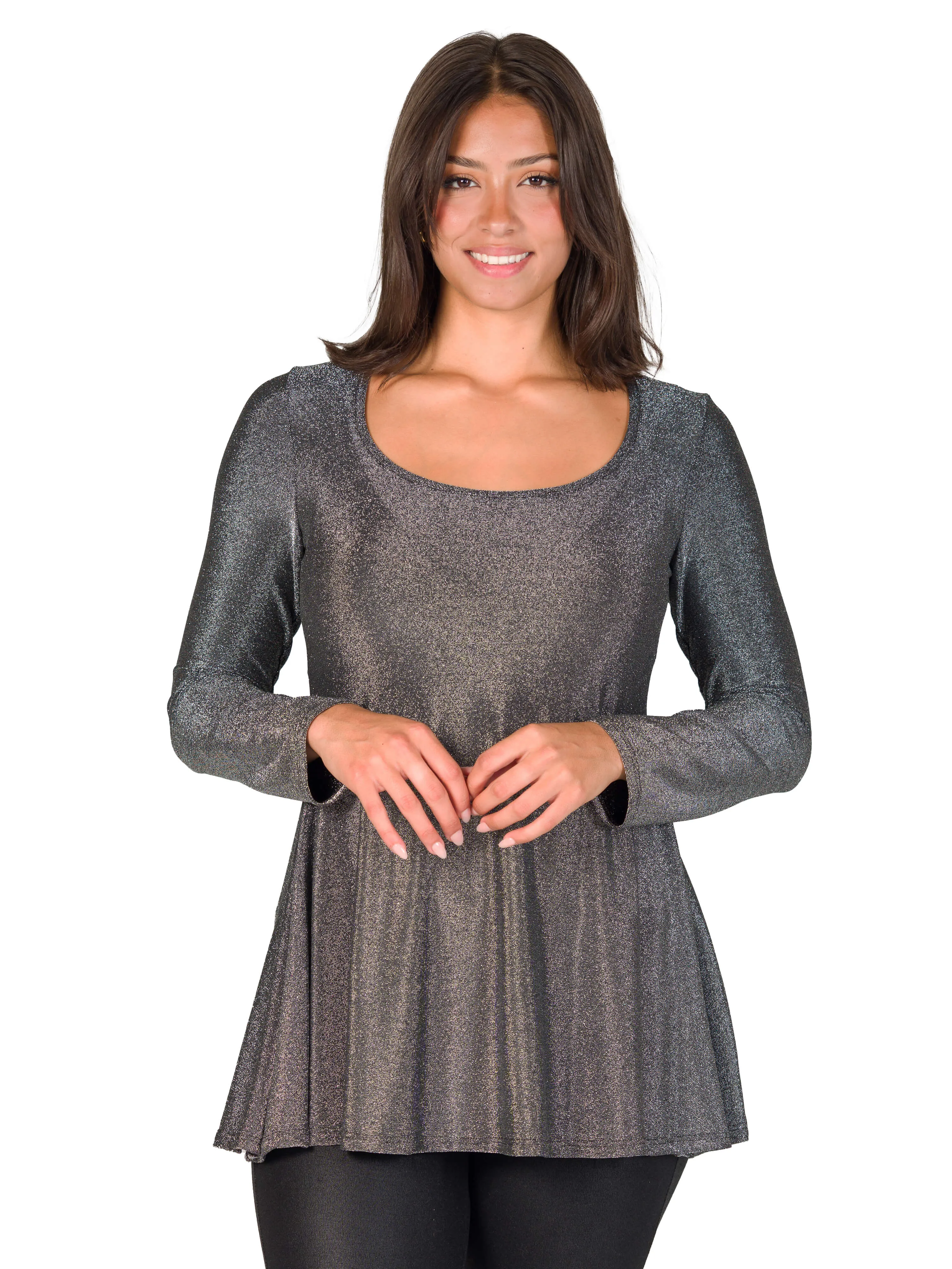 Scoop Neck Long Sleeve Shimmery Fabric Tunic Top