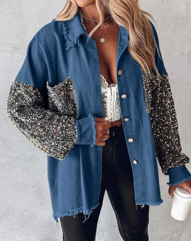 Sequin Accents on Oversized Distressed Denim Shacket – Metal Buttons Closure