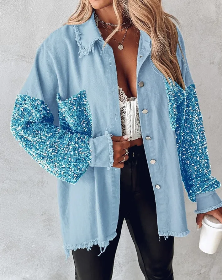 Sequin Accents on Oversized Distressed Denim Shacket – Metal Buttons Closure