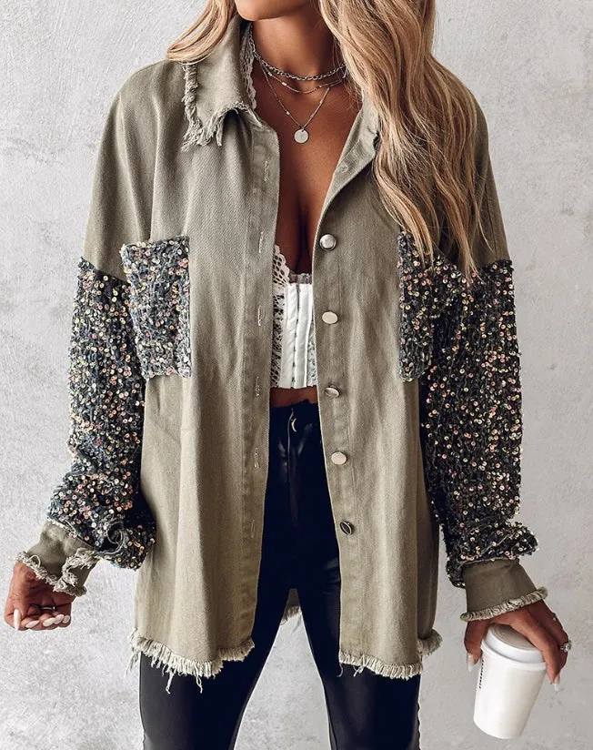 Sequin Accents on Oversized Distressed Denim Shacket – Metal Buttons Closure