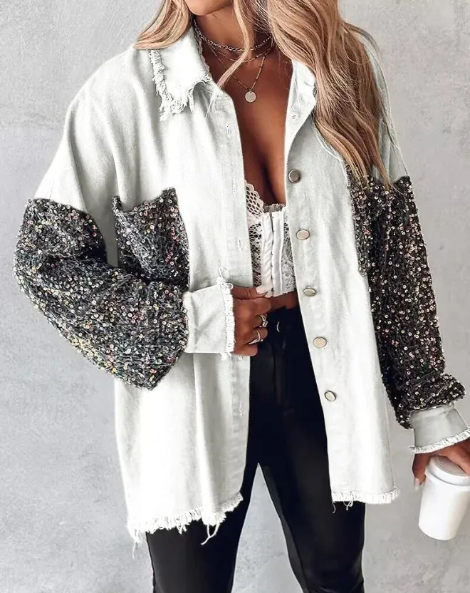 Sequin Accents on Oversized Distressed Denim Shacket – Metal Buttons Closure