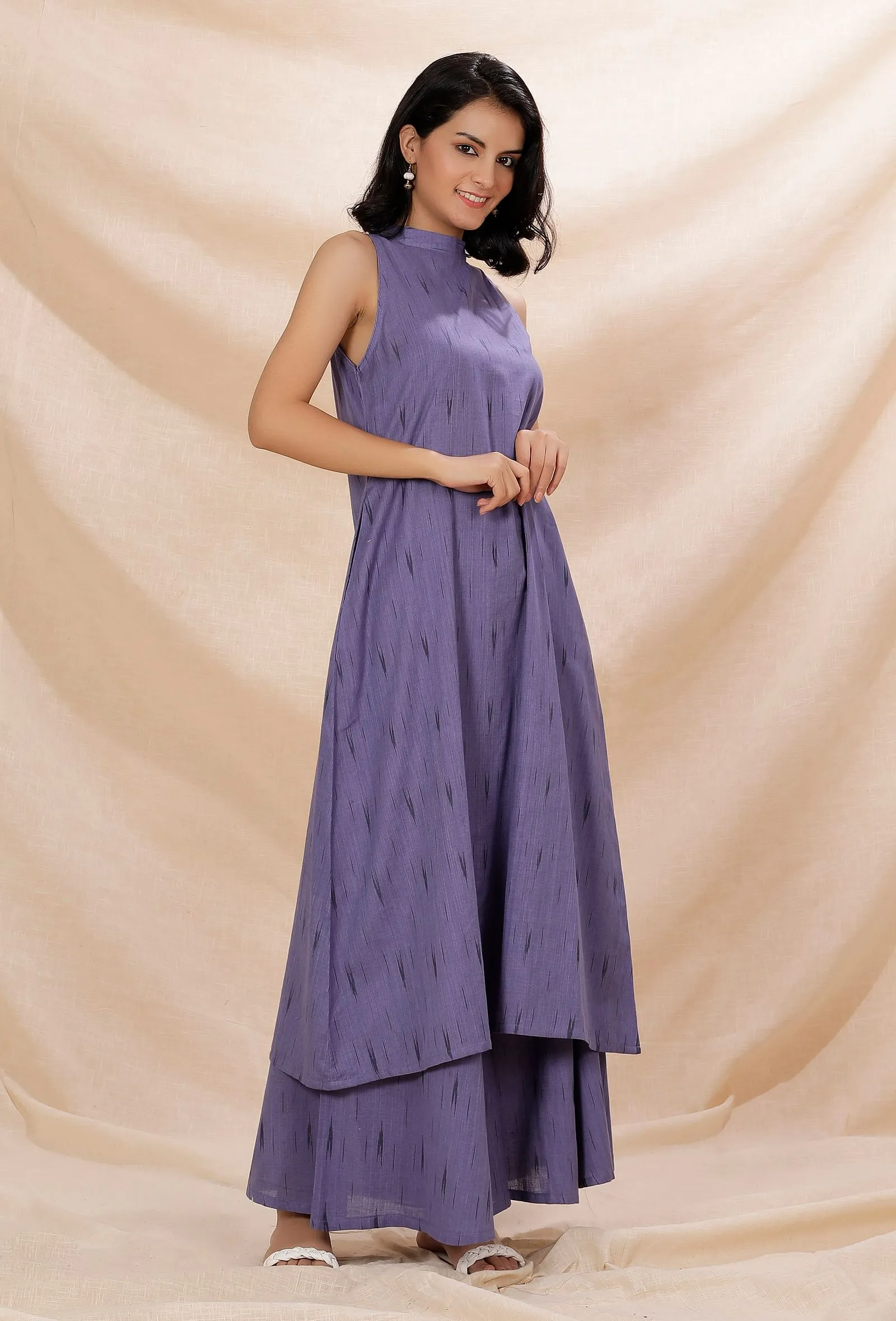 Set of 2: Mauve Halter Neck Cotton Ikkat Kurta With Flared Pants