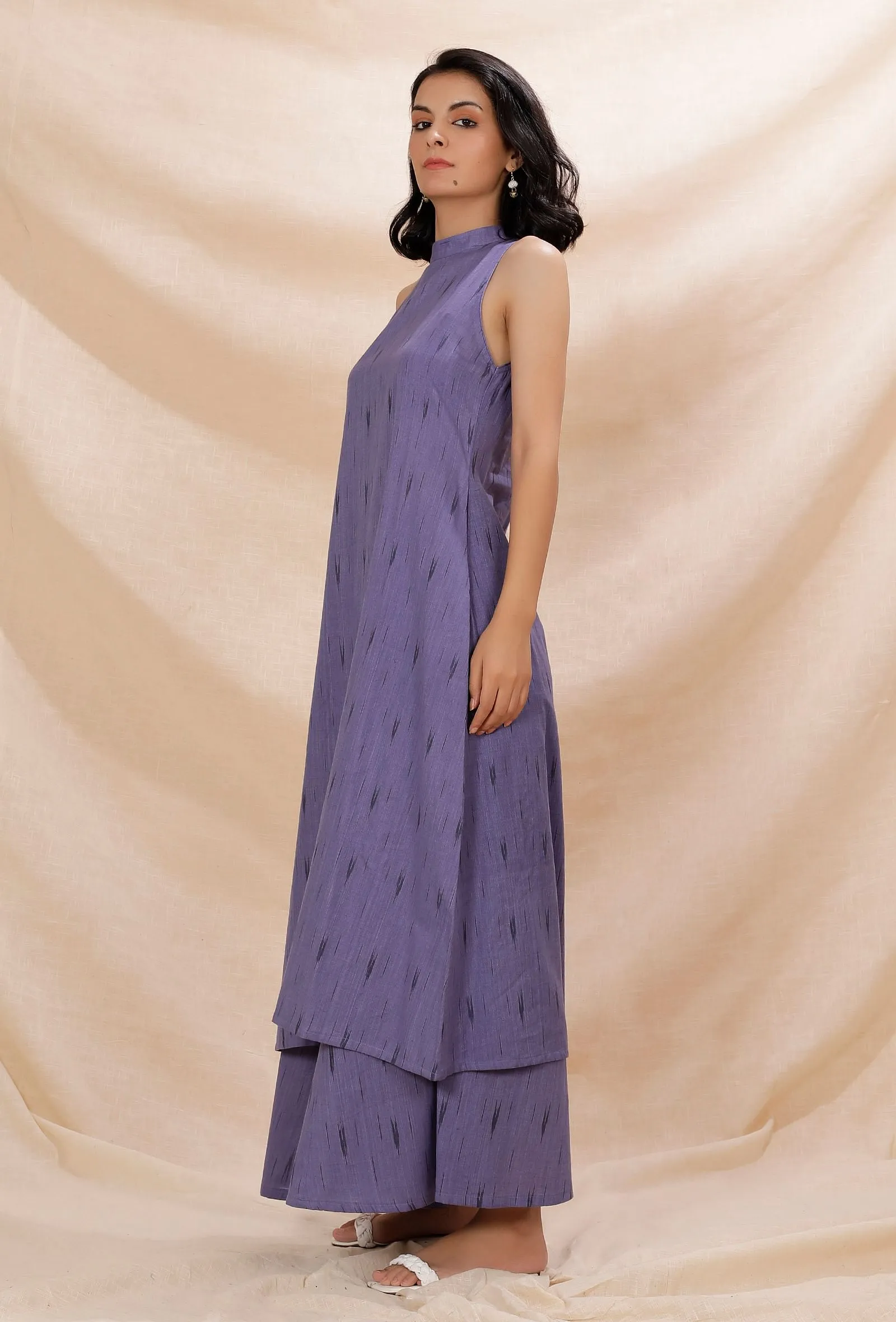 Set of 2: Mauve Halter Neck Cotton Ikkat Kurta With Flared Pants