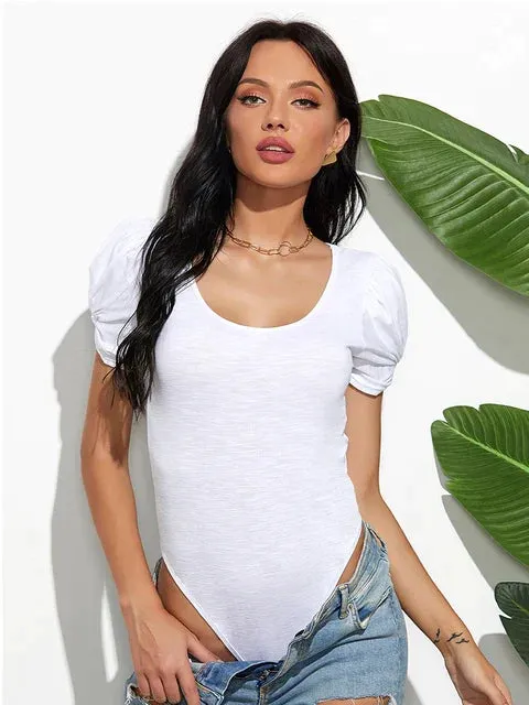 Short Sleeve Tees O Neck Puff Sleeve White Bodysuit