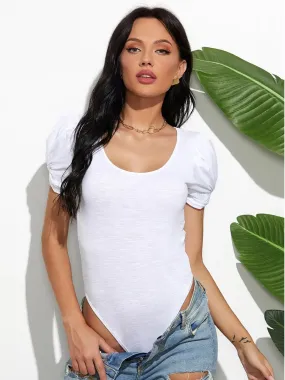 Short Sleeve Tees O Neck Puff Sleeve White Bodysuit