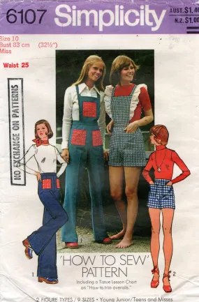 Simplicity 6107 Womens Pants Shorts Dungarees & Hot Pants 1970s Vintage Sewing Pattern Size 10 Bust 32.5 inches