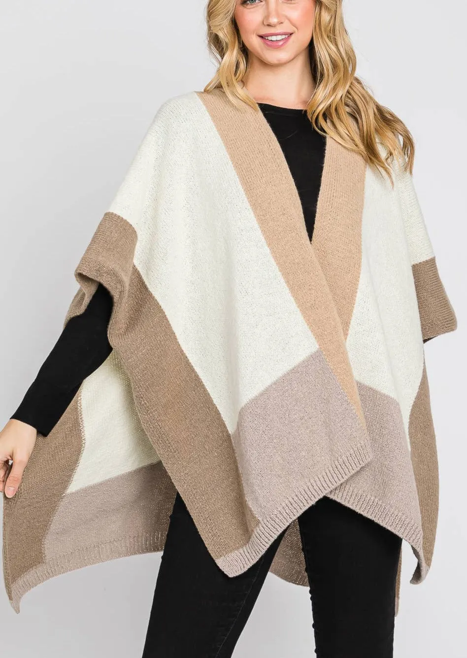 Soft and Cozy Color Blocked Poncho Wrap