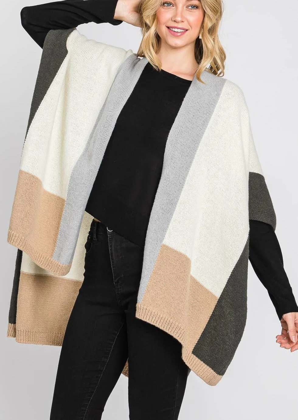 Soft and Cozy Color Blocked Poncho Wrap