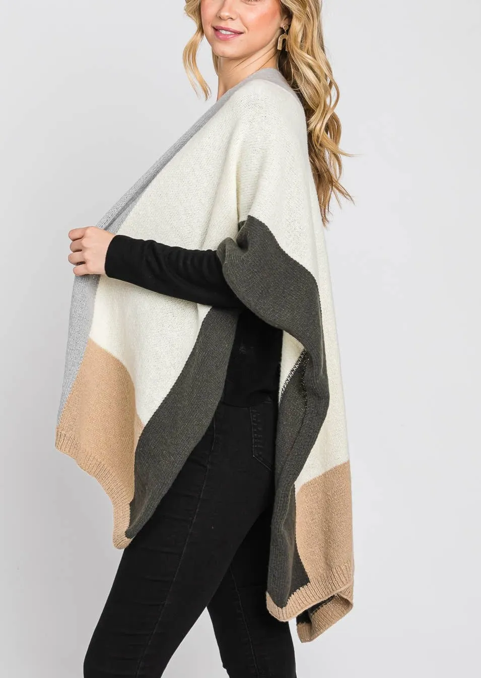 Soft and Cozy Color Blocked Poncho Wrap