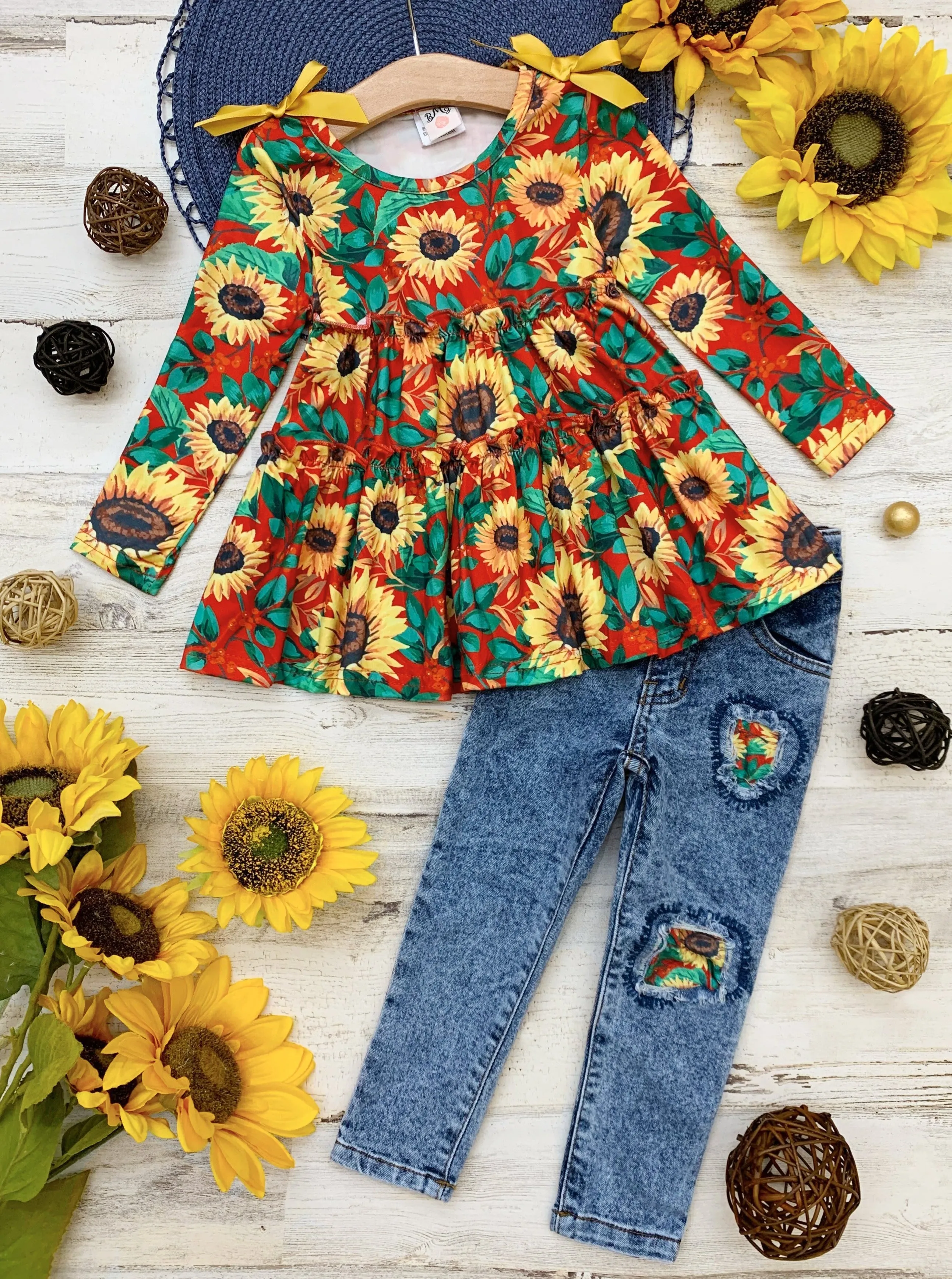 Sunflowers In Fall Patched Jeans Set