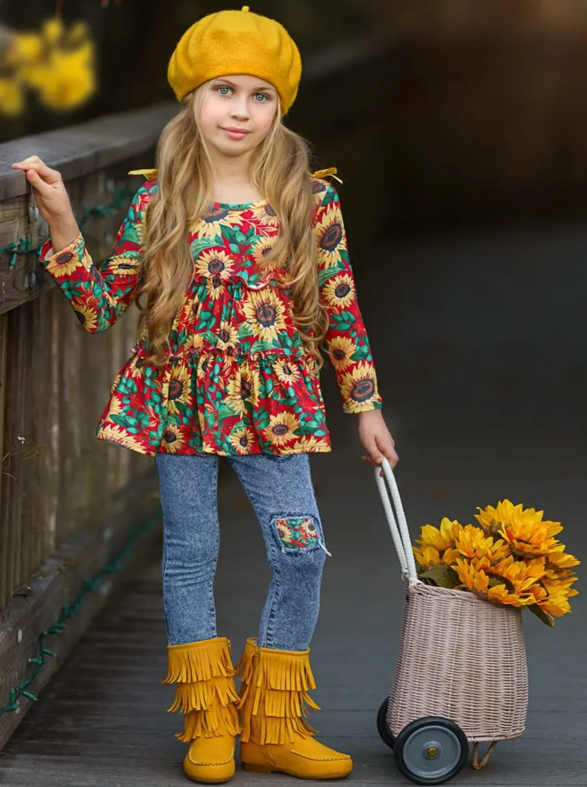 Sunflowers In Fall Patched Jeans Set