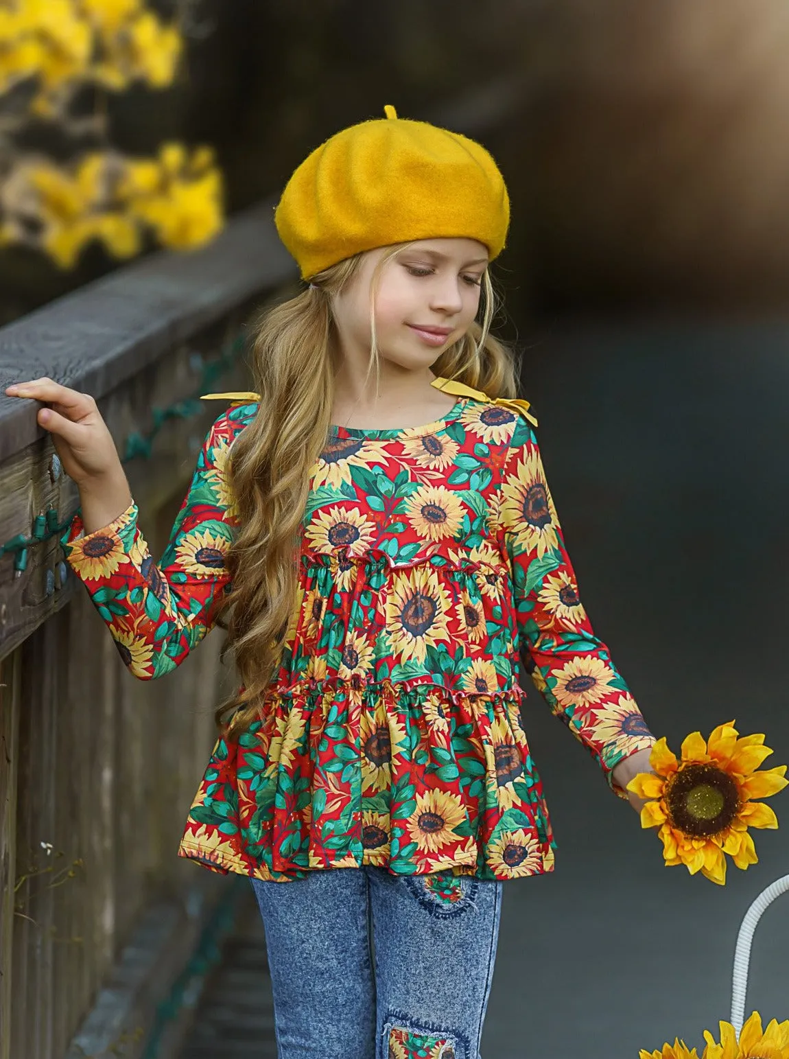 Sunflowers In Fall Patched Jeans Set