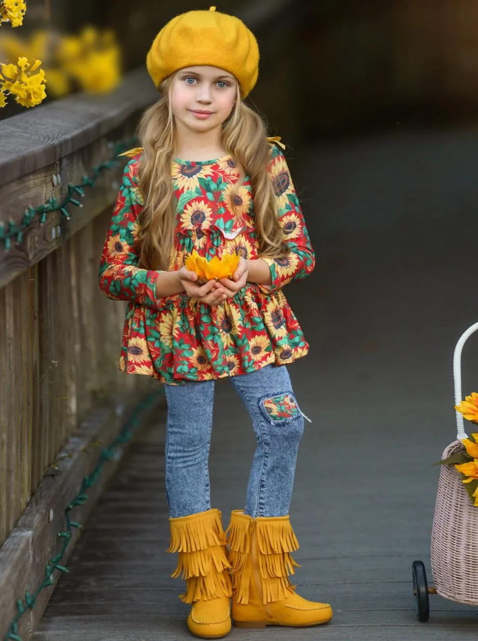 Sunflowers In Fall Patched Jeans Set