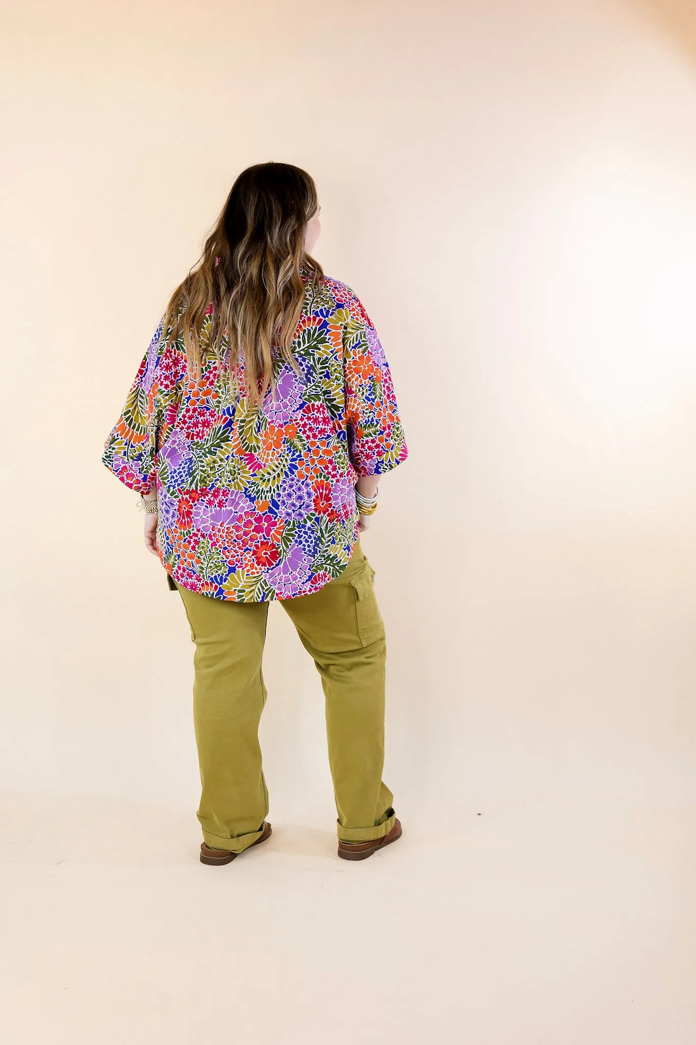 Sweet Surprise Multi-Color Floral Print Half Button Up Poncho Top with Collared Neckline