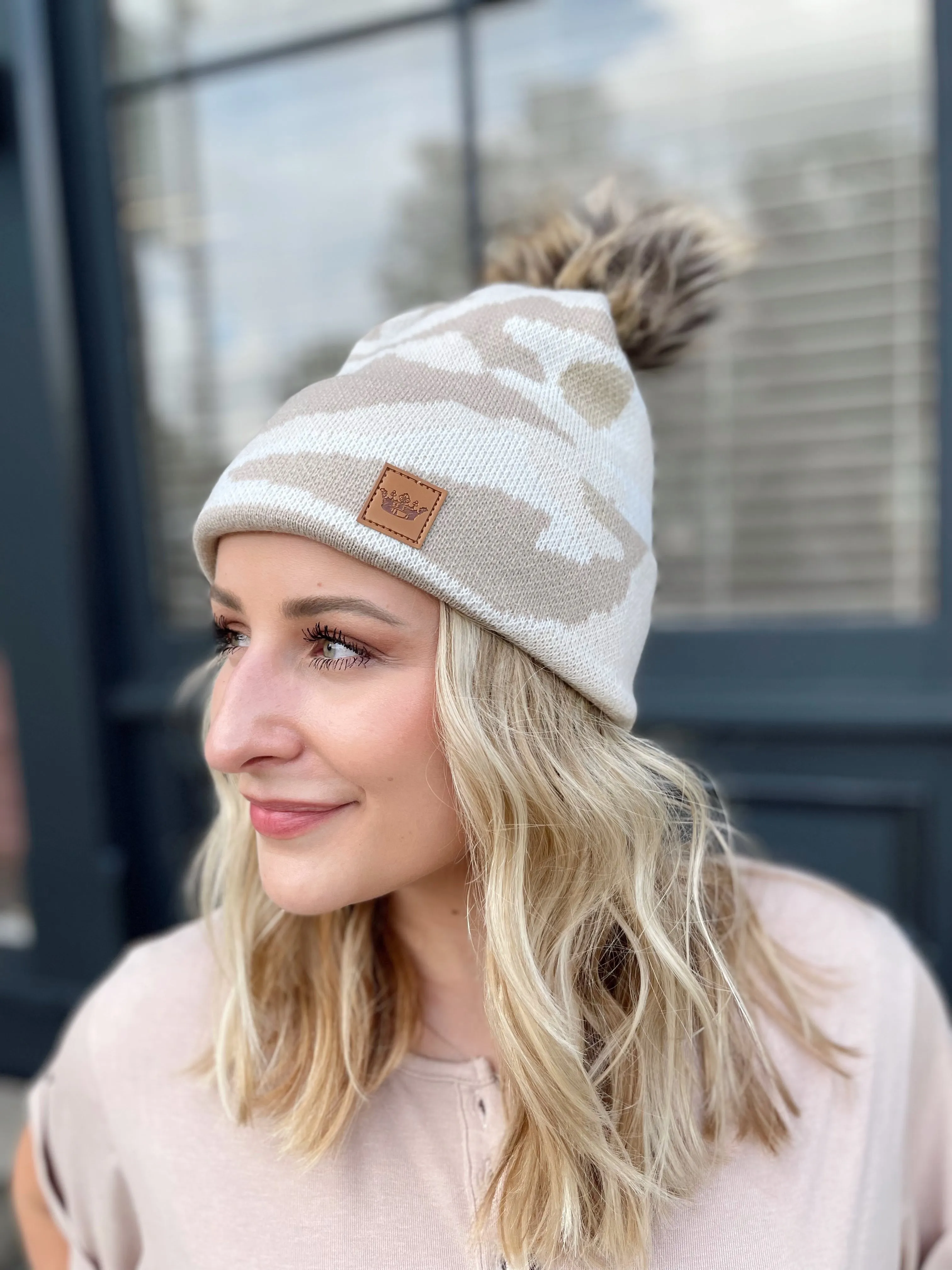 Tan & White Camo Pom Hat