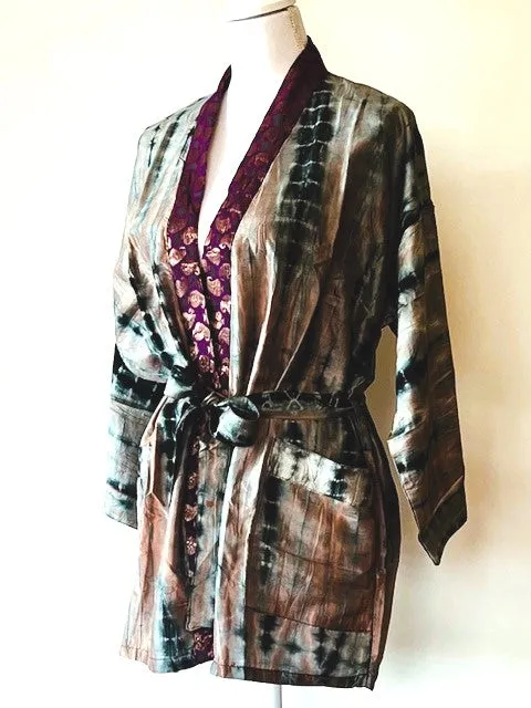 The Accessory In Demand, A Short Silk Kimono Jacket.  A Tie Dye Beauty In Silver.