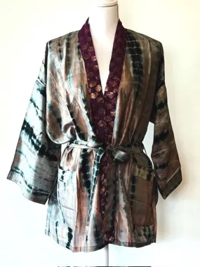 The Accessory In Demand, A Short Silk Kimono Jacket.  A Tie Dye Beauty In Silver.