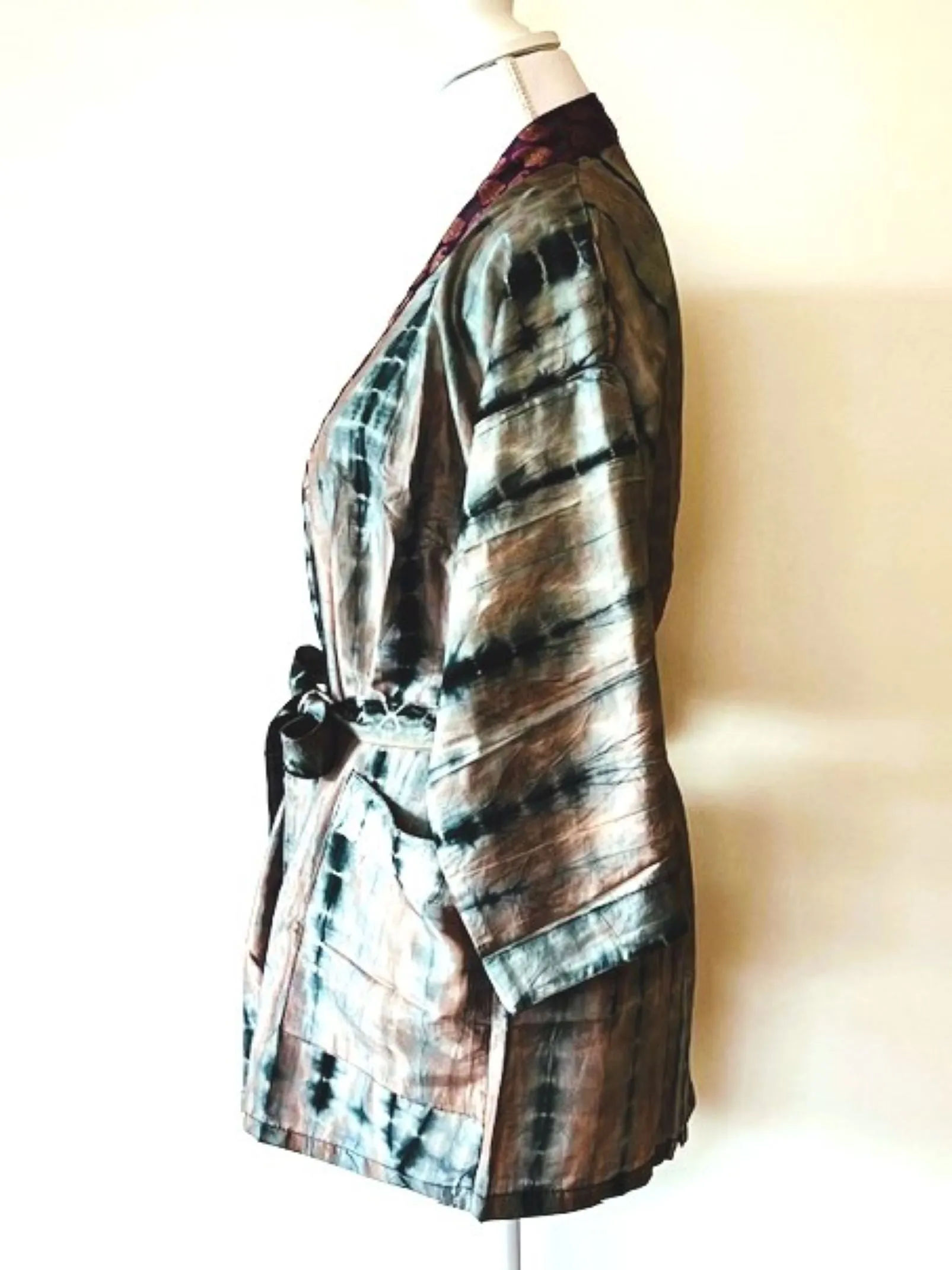 The Accessory In Demand, A Short Silk Kimono Jacket.  A Tie Dye Beauty In Silver.