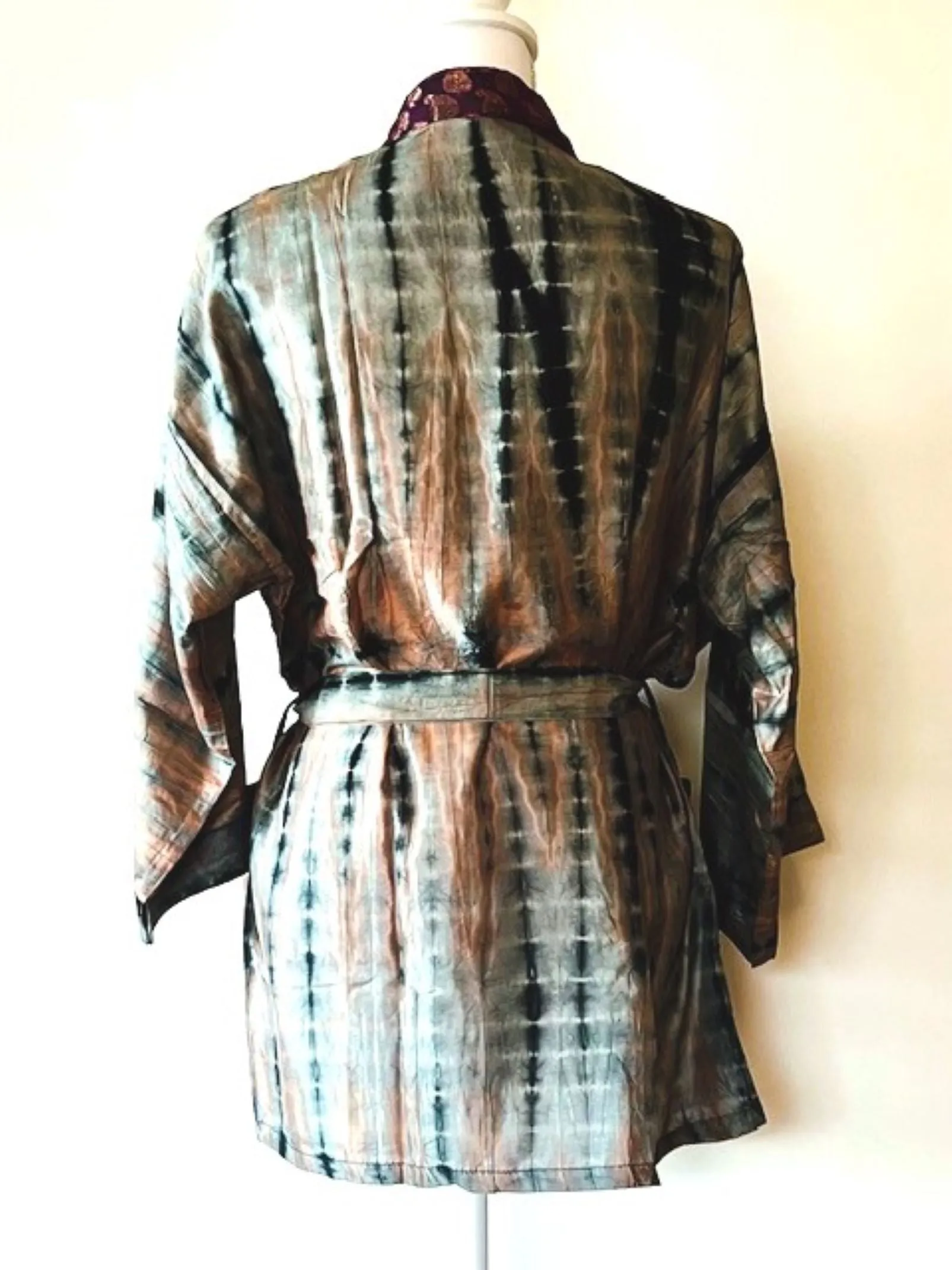 The Accessory In Demand, A Short Silk Kimono Jacket.  A Tie Dye Beauty In Silver.